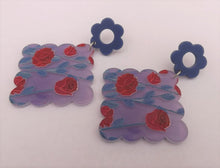 Load image into Gallery viewer, Red Roses on Purple Acrylic Earrings