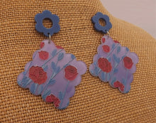 Load image into Gallery viewer, Red Roses on Purple Acrylic Earrings