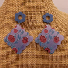 Load image into Gallery viewer, Red Roses on Purple Acrylic Earrings