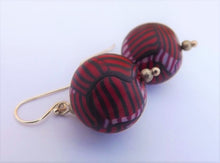 Load image into Gallery viewer, Red, Black & Pink Striped Kathryn Design Bead Earrings on Sterling Silver hooks