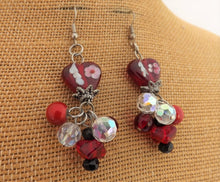 Load image into Gallery viewer, Red, Black & White Glass Heart Bead, Drop Earrings
