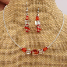 Load image into Gallery viewer, Red & Clear Handmade Glass Cube Necklace & Earrings Set