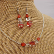 Load image into Gallery viewer, Red & Clear Handmade Glass Cube Necklace & Earrings Set