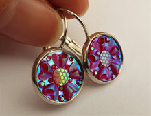 Load image into Gallery viewer, Red & Gold AB Lustre Flower Earrings on Lever Back Hooks