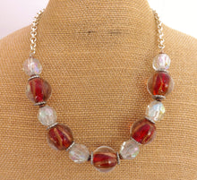 Load image into Gallery viewer, Red, Gold & Clear Chunky Bead Necklace on Silver Tone Chain