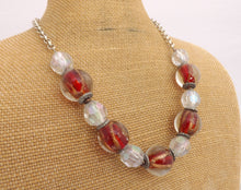 Load image into Gallery viewer, Red, Gold & Clear Chunky Bead Necklace on Silver Tone Chain