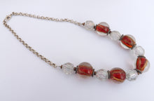 Load image into Gallery viewer, Red, Gold & Clear Chunky Bead Necklace on Silver Tone Chain