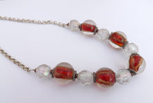Load image into Gallery viewer, Red, Gold & Clear Chunky Bead Necklace on Silver Tone Chain