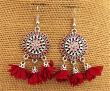 Load image into Gallery viewer, Silver Tone Chandelier Earrings with Flower Posy Tassel Drops (multiple colour options)