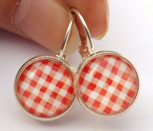 Load image into Gallery viewer, Red & White Checkers - Dome Earrings on Lever Back Hooks