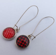 Load image into Gallery viewer, Red, White & Black Double Sided Dome Earrings on Long Kidney Hooks