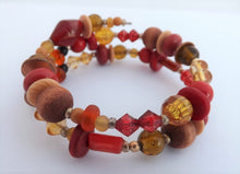 Load image into Gallery viewer, Red, Yellow & Brown Beads Memory Wire Bracelet