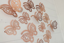 Load image into Gallery viewer, 12x Rose Gold Round Hollow Metallic Effect 3D Butterfly Wall Decals