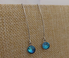 Load image into Gallery viewer, Round Blue Crystal Drop Earrings, Long Silver Tone Kidney Hooks