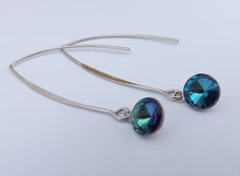 Load image into Gallery viewer, Round Blue Crystal Drop Earrings, Long Silver Tone Kidney Hooks