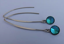Load image into Gallery viewer, Round Blue Crystal Drop Earrings, Long Silver Tone Kidney Hooks