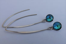 Load image into Gallery viewer, Round Blue Crystal Drop Earrings, Long Silver Tone Kidney Hooks