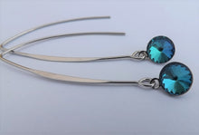 Load image into Gallery viewer, Round Blue Crystal Drop Earrings, Long Silver Tone Kidney Hooks