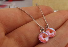 Load image into Gallery viewer, Round Bright Pink Crystal Teardrop Earrings on Long Silver Tone Kidney Hooks