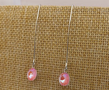Load image into Gallery viewer, Round Bright Pink Crystal Teardrop Earrings on Long Silver Tone Kidney Hooks