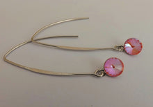 Load image into Gallery viewer, Round Bright Pink Crystal Teardrop Earrings on Long Silver Tone Kidney Hooks