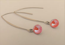 Load image into Gallery viewer, Round Bright Pink Crystal Teardrop Earrings on Long Silver Tone Kidney Hooks