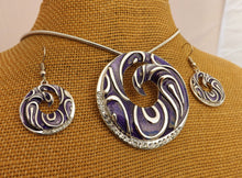 Load image into Gallery viewer, Round Purple & Silver Tone Pendant Necklace & Earrings Set