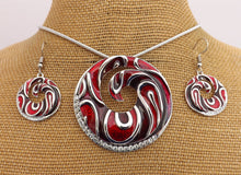 Load image into Gallery viewer, Round Red & Silver Tone Pendant Necklace & Earrings Set