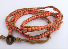 Load image into Gallery viewer, Salmon Orange & Faux Brown Leather Long Strand Bracelet