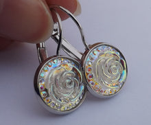 Load image into Gallery viewer, Silver White 3D AB Lustre Flower Earrings on Lever Back Hooks