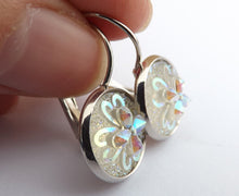 Load image into Gallery viewer, Silver White 3D AB Lustre Flower Earrings on Lever Back Hooks