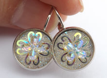 Load image into Gallery viewer, Silver White 3D AB Lustre Flower Earrings on Lever Back Hooks