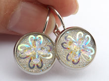 Load image into Gallery viewer, Silver White 3D AB Lustre Flower Earrings on Lever Back Hooks