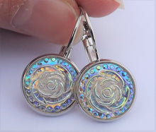 Load image into Gallery viewer, Silver White 3D AB Lustre Flower Earrings on Lever Back Hooks