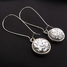 Load image into Gallery viewer, Silver Glitter Handmade Dome Earrings on Long Kidney Hooks