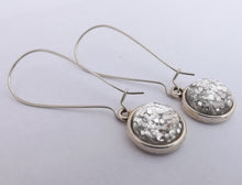 Load image into Gallery viewer, Silver Glitter Handmade Dome Earrings on Long Kidney Hooks