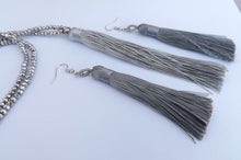 Load image into Gallery viewer, Silver Grey Tassel & Crystal Cut Beads, Necklace & Earrings Set