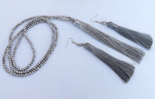 Load image into Gallery viewer, Silver Grey Tassel & Crystal Cut Beads, Necklace & Earrings Set