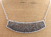 Load image into Gallery viewer, Silver Tone FIligree Rose Collar Necklace & Earrings Set