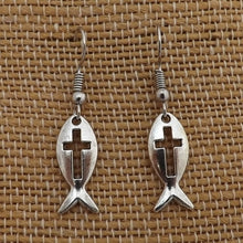 Load image into Gallery viewer, Fish with Cross (Ichthys) Earrings (Silver or Bronze)