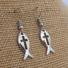 Load image into Gallery viewer, Fish with Cross (Ichthys) Earrings (Silver or Bronze)