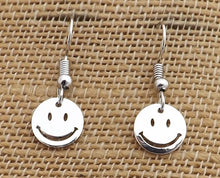 Load image into Gallery viewer, Small Smiling Face Drop Earrings (gold or silver)