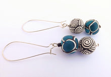 Load image into Gallery viewer, Teal Blue, Black & White Kathryn Design Bead Earrings on Long Kidney Hooks