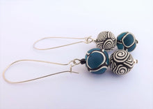 Load image into Gallery viewer, Teal Blue, Black & White Kathryn Design Bead Earrings on Long Kidney Hooks