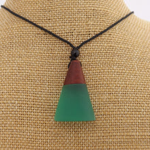Load image into Gallery viewer, Teal Resin & Wood Pendant Necklace on Black Cord