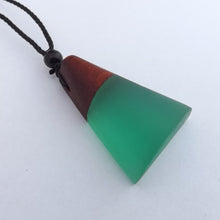 Load image into Gallery viewer, Teal Resin & Wood Pendant Necklace on Black Cord