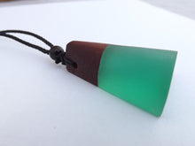 Load image into Gallery viewer, Teal Resin & Wood Pendant Necklace on Black Cord