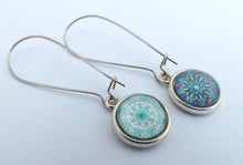 Load image into Gallery viewer, Teal, Blue & White Double Sided Dome Earrings on Long Kidney Hooks