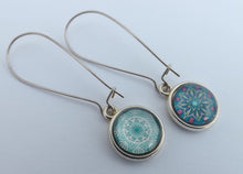 Load image into Gallery viewer, Teal, Blue & White Double Sided Dome Earrings on Long Kidney Hooks