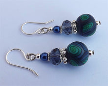 Load image into Gallery viewer, Teal & Dark Blue Korus Kathryn Design bead earrings on Sterling Silver Hooks